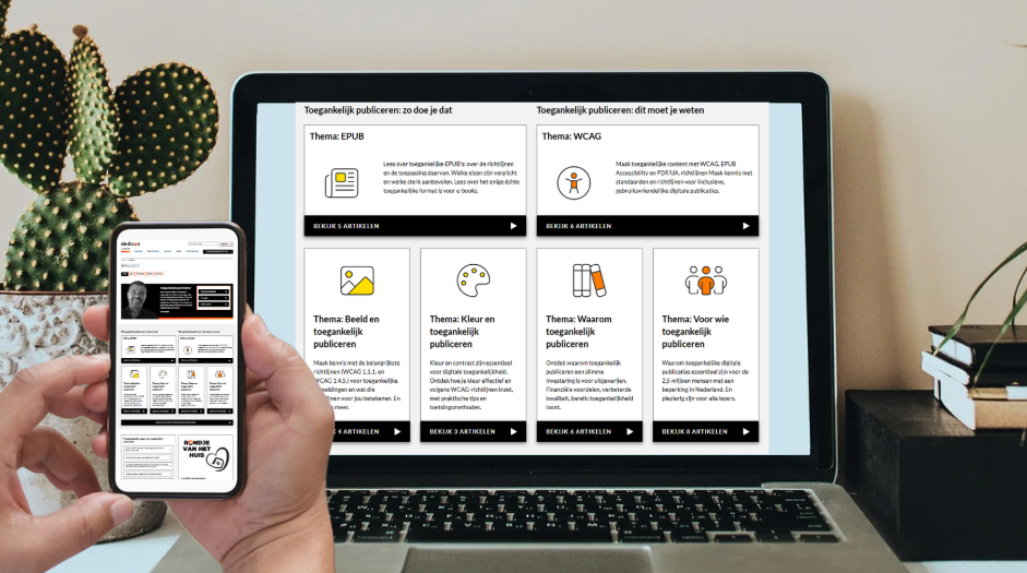 beeldscherm en hand met mobiel met daarop enkele thema's van de kennisbank toegankelijk publiceren
